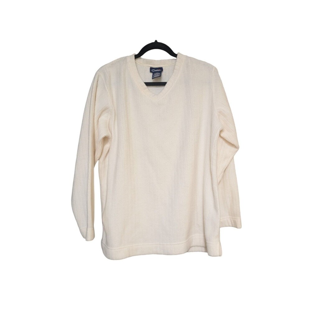 Catalina Womens Fleece Pullover Sweater Off White Long Sleeve V Neck L